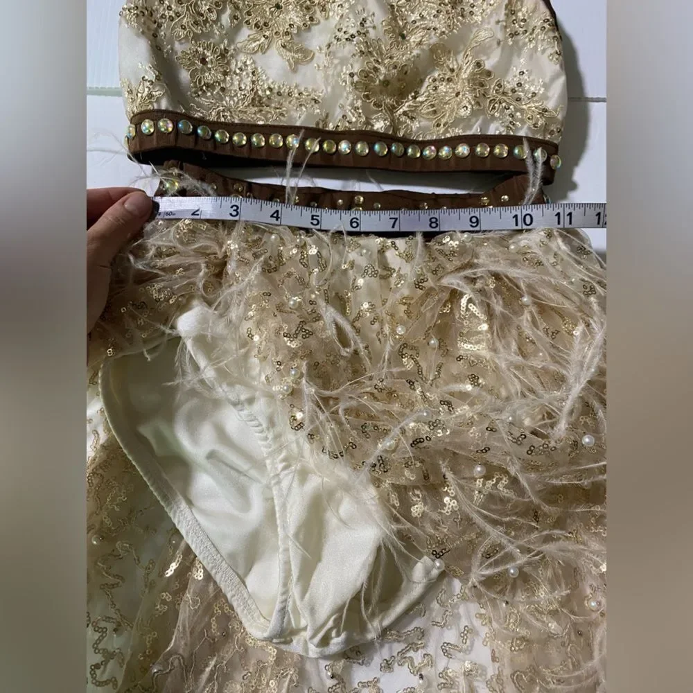 Glamour solo dance costume 2 piece cream tan feather embellished SA adult